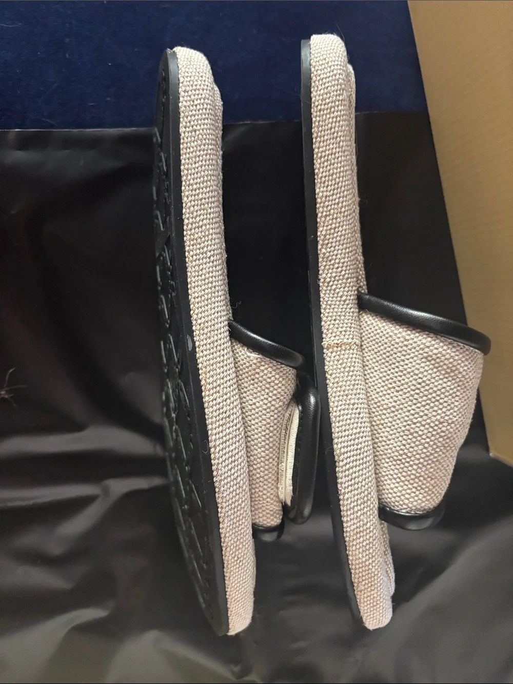 Michael Kors Cream Fabric Slide Sandals with Black Trim